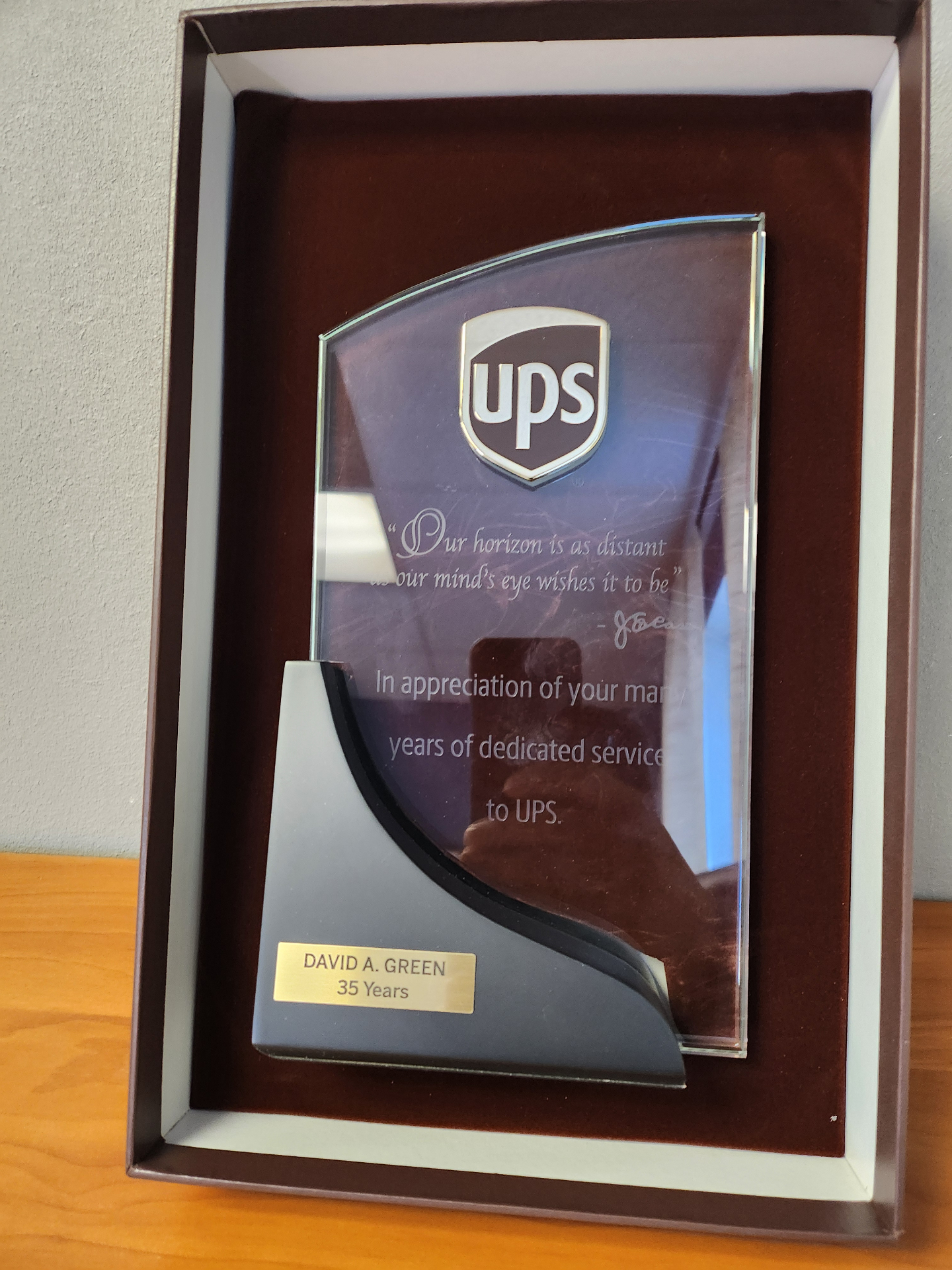 David Green's UPS award for 35 years of dedicated service.