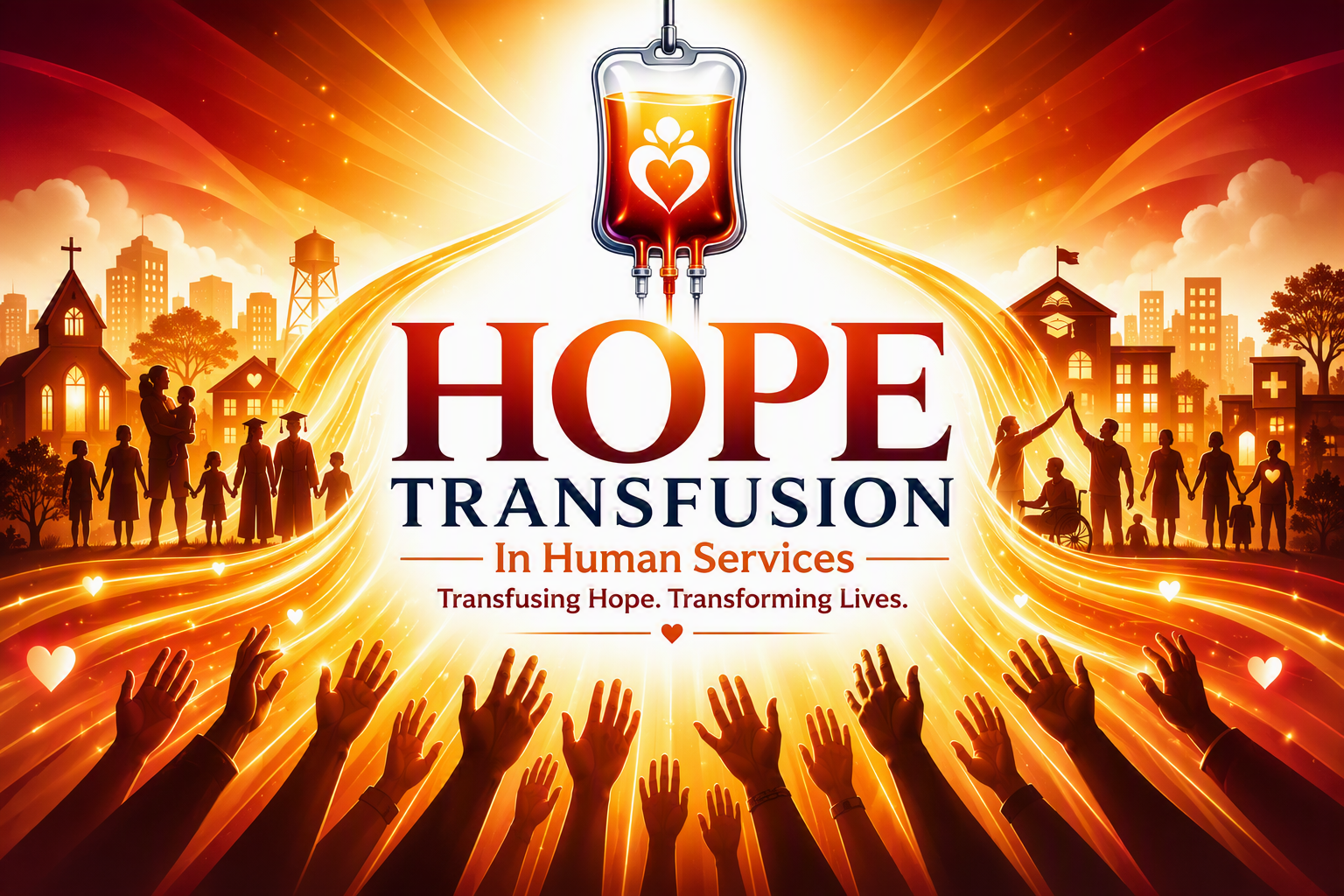 Hope Transfusion in Human Services branded banner listing the core values behind Dr. David Green's work: compassion, community, hope, partnership, and transformation.