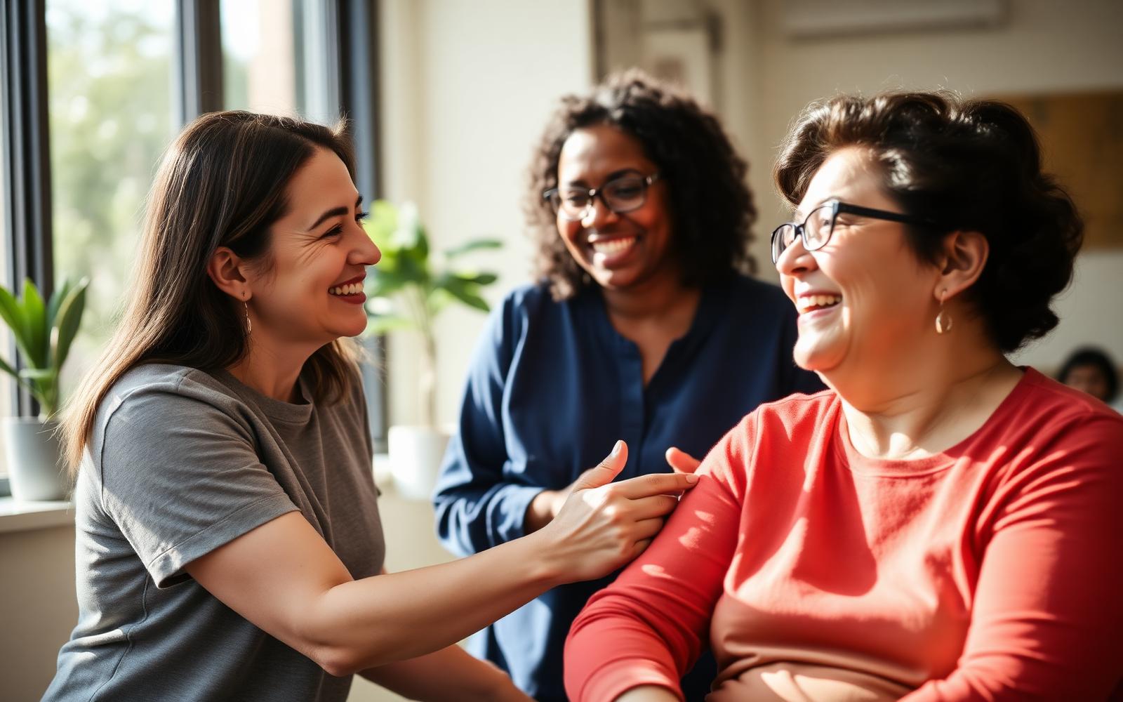 Direct support professional laughing with an individual served in a bright community program room